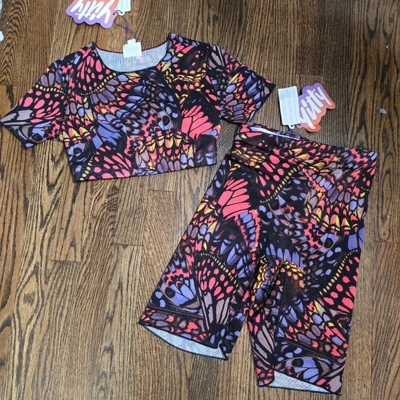 NWT YITTY Butterfly Print Mesh Me Smoothing Midi Top And High Rise Short - Picture 1 of 9